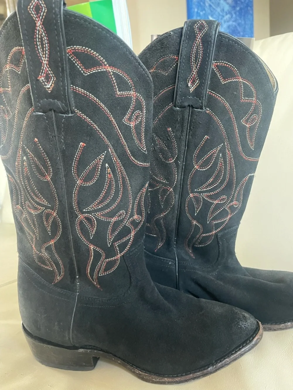 Frye “Daisy Duke” Black Suede Western Embroidered Flame Style Western Boots - Picture 2 of 14